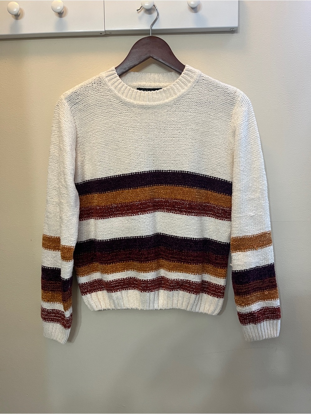Cream Crewneck Sweater with Rust, Mustard & Plum Stripes